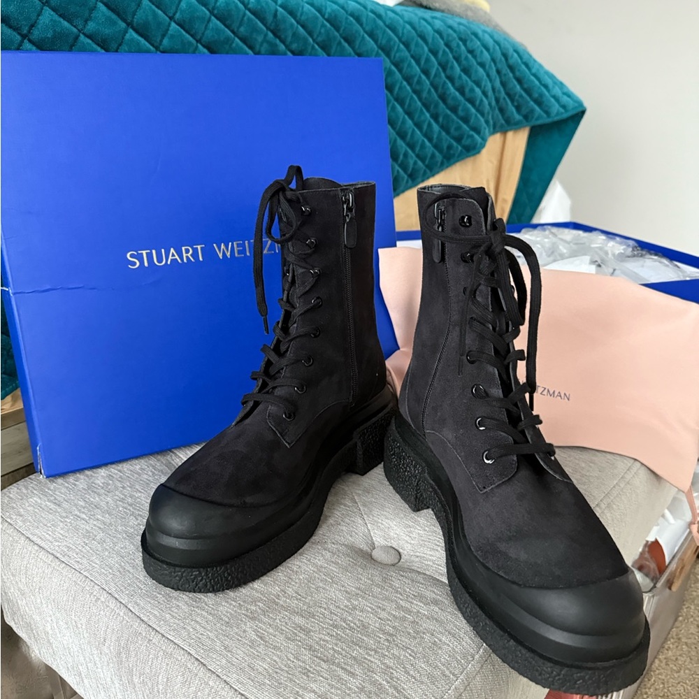 Stuart Weitzman Black Charli Suede Combat Lace-up Sportlift Boots - Picture 3 of 17